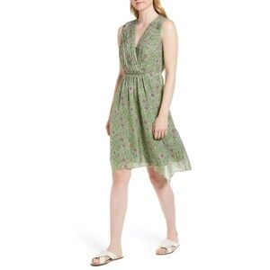 Nordstrom Signature 100% Silk Green Garden Floral Hankerchief Hem Dress size 4